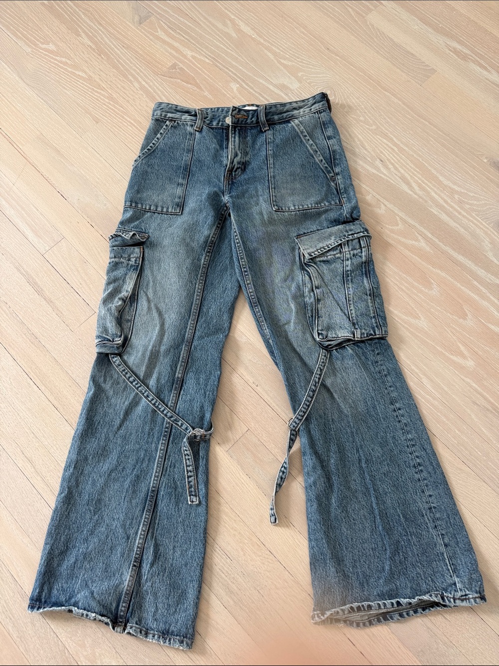 Zara Washed Blue Cargo Bootcut Jeans